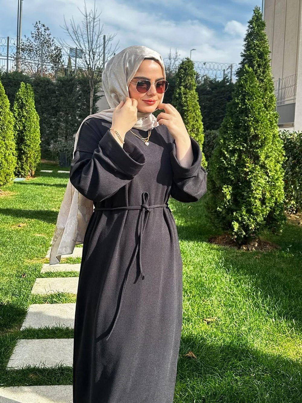 Kol Manşetli Fitilli Örme Elbise - Siyah