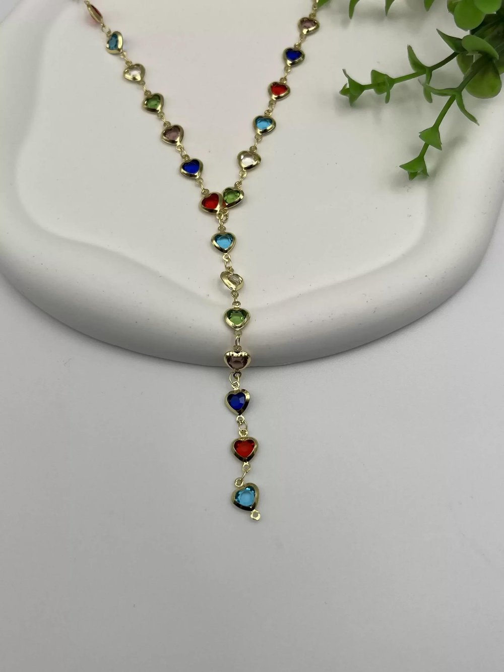 Renkli Kristal Taşlı Y Kolye 60cm (kalp)