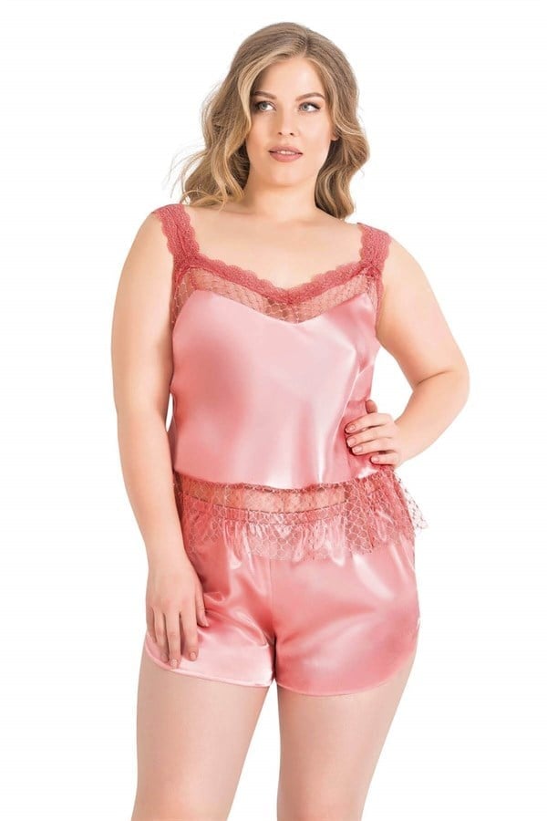 Arias Closet Büyük Beden Mercan Saten Babydoll Şort Takımı