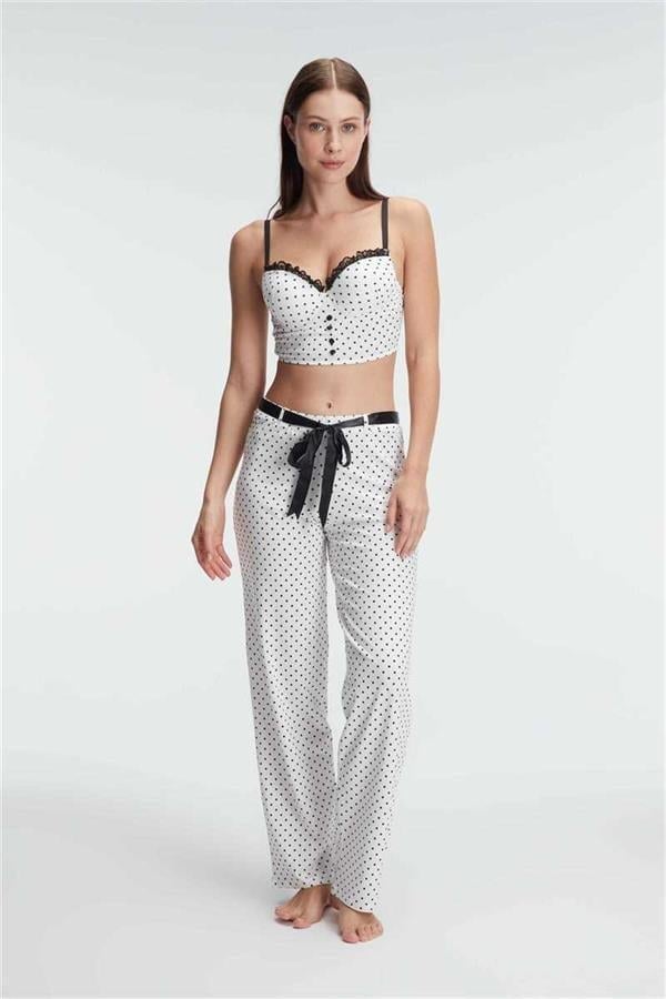 Arias Closet Fantezi Bralet Sütyen Pamuklu Puantiye Desenli Desteksiz Dantel Detaylı Pijama Takımı