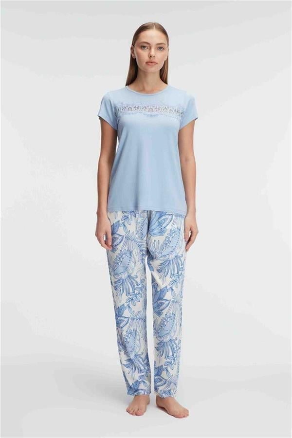 Arias Closet Kısa Kol Bisiklet Yaka Kadın Viskon Çiçek Desenli Yazlık ÖRME Dantel Detaylı Pijama Takımı