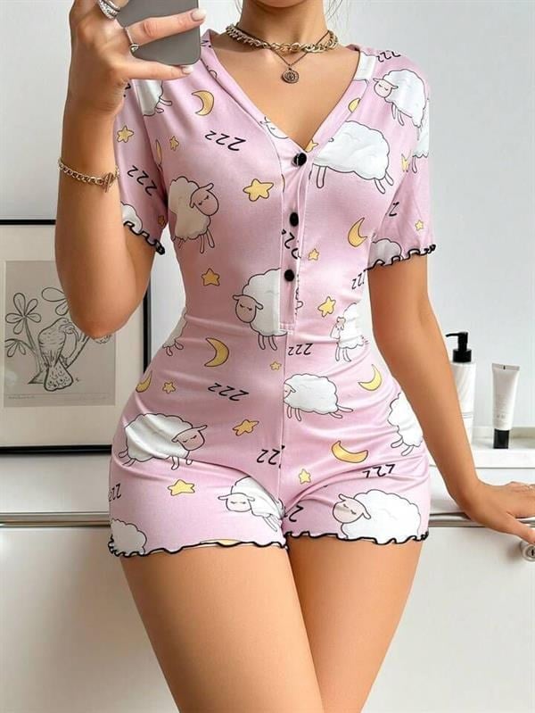 Arias Closet Pamuklu Pembe Kuzu Desenli Düğmeli Uzun Kol Tulum Pijama
