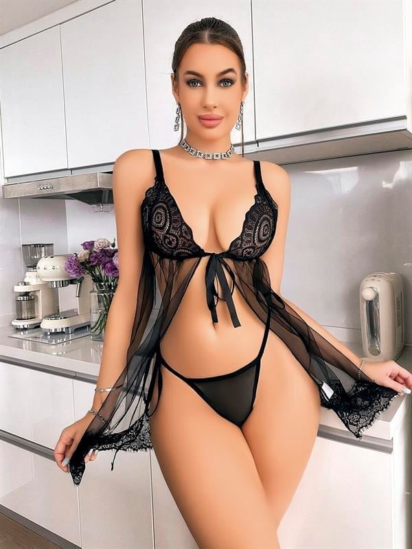 Arias Closet Siyah Dantel İşlemeli Önden Bağlamalı Fantezi Şık Tül Gecelik