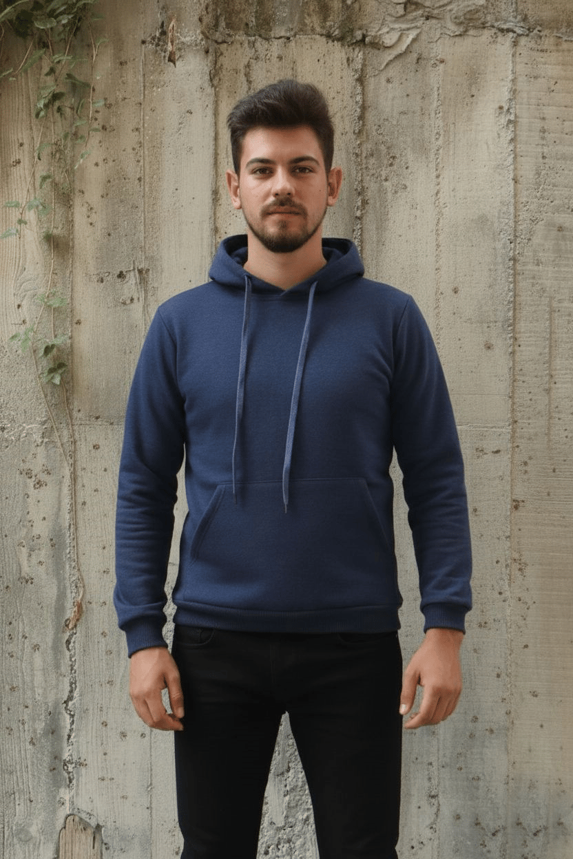 İki İplik Kapşonlu Kanguru Cepli Erkek Günlük Sweatshirt