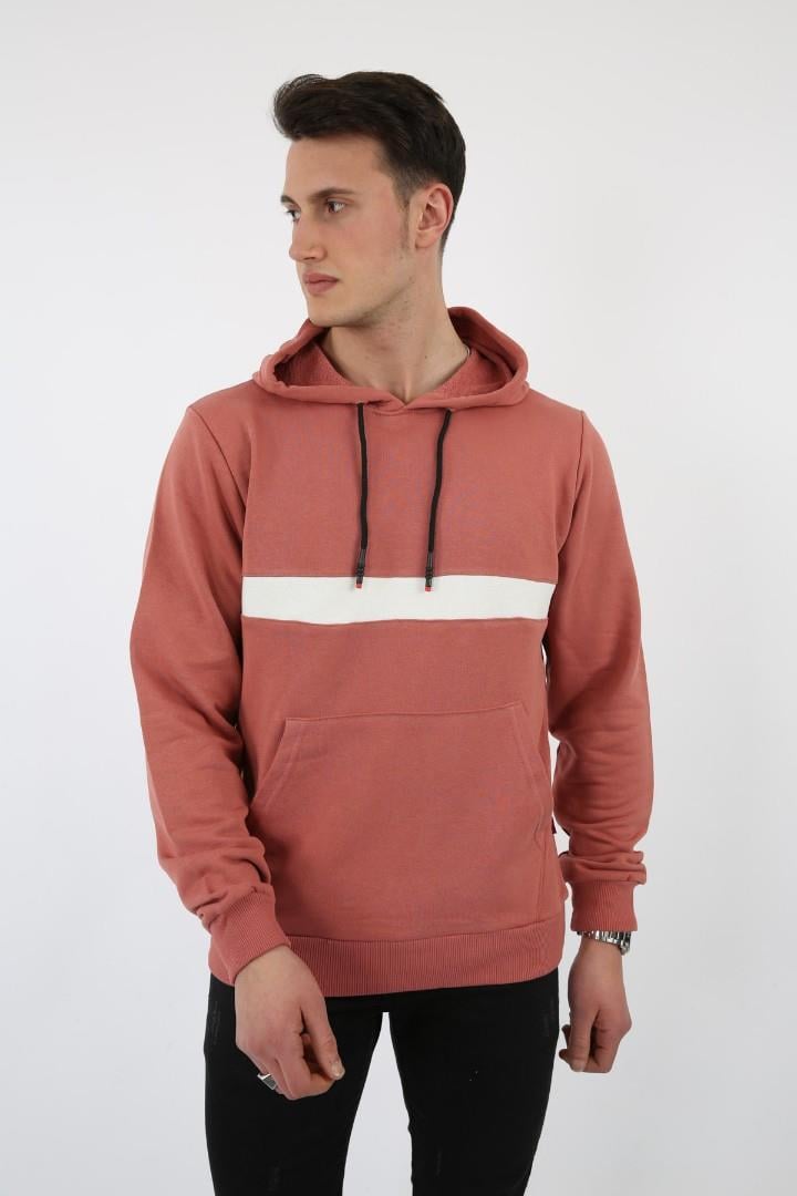 Üç İplik Kapşonlu Kalın Çizgili Kanguru Cepli Erkek Günlük Sweatshirt