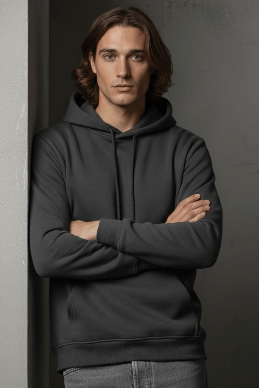 Unisex Kışlık Antrasit Gri Üç İplik Şardonlu Pamuklu Kalın Basic Kapüşonlu Hoodie Sweatshirt