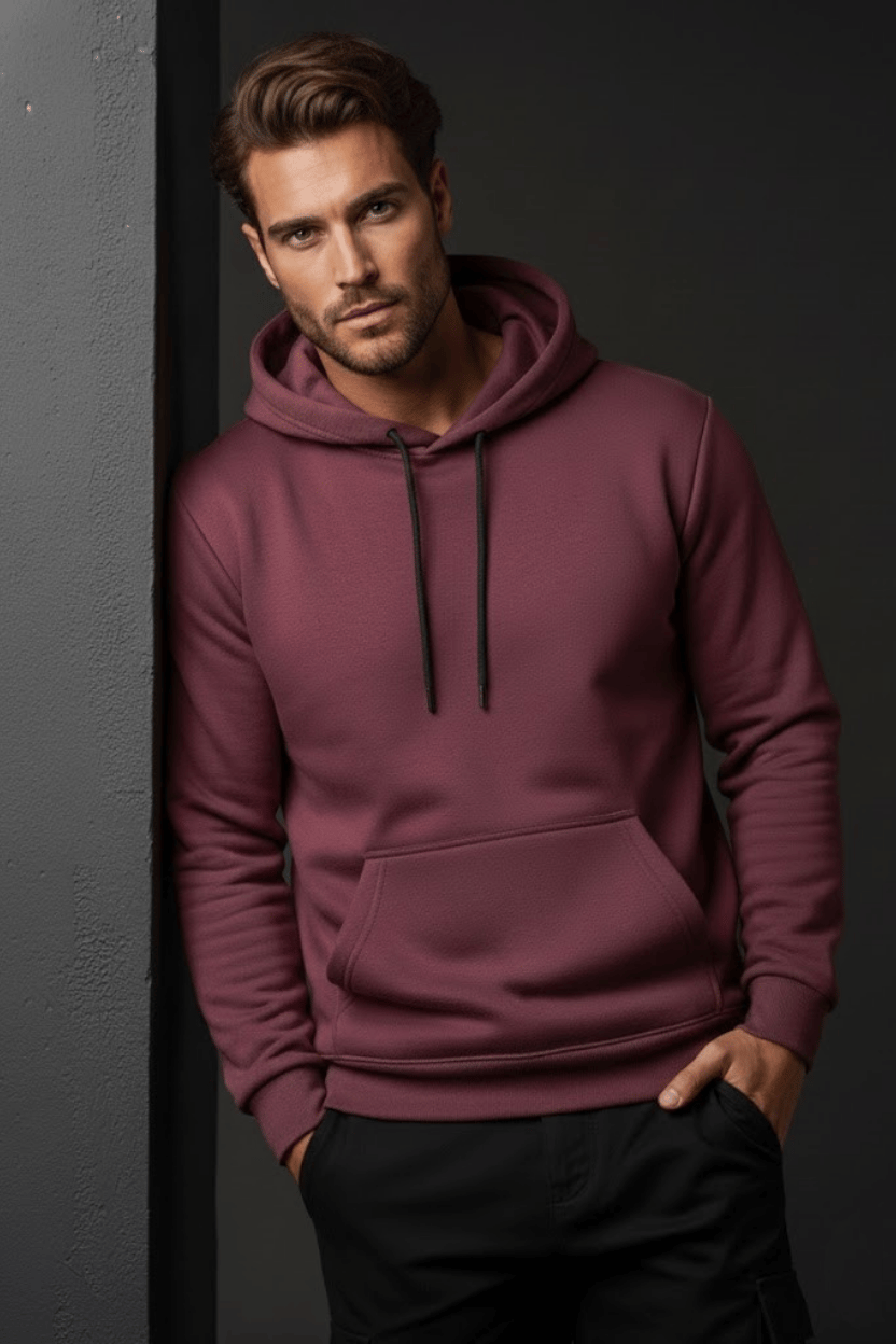 Unisex Kışlık Mürdüm Rengi Üç İplik Şardonlu Pamuklu Kalın Kapüşonlu Hoodie Sweatshirt