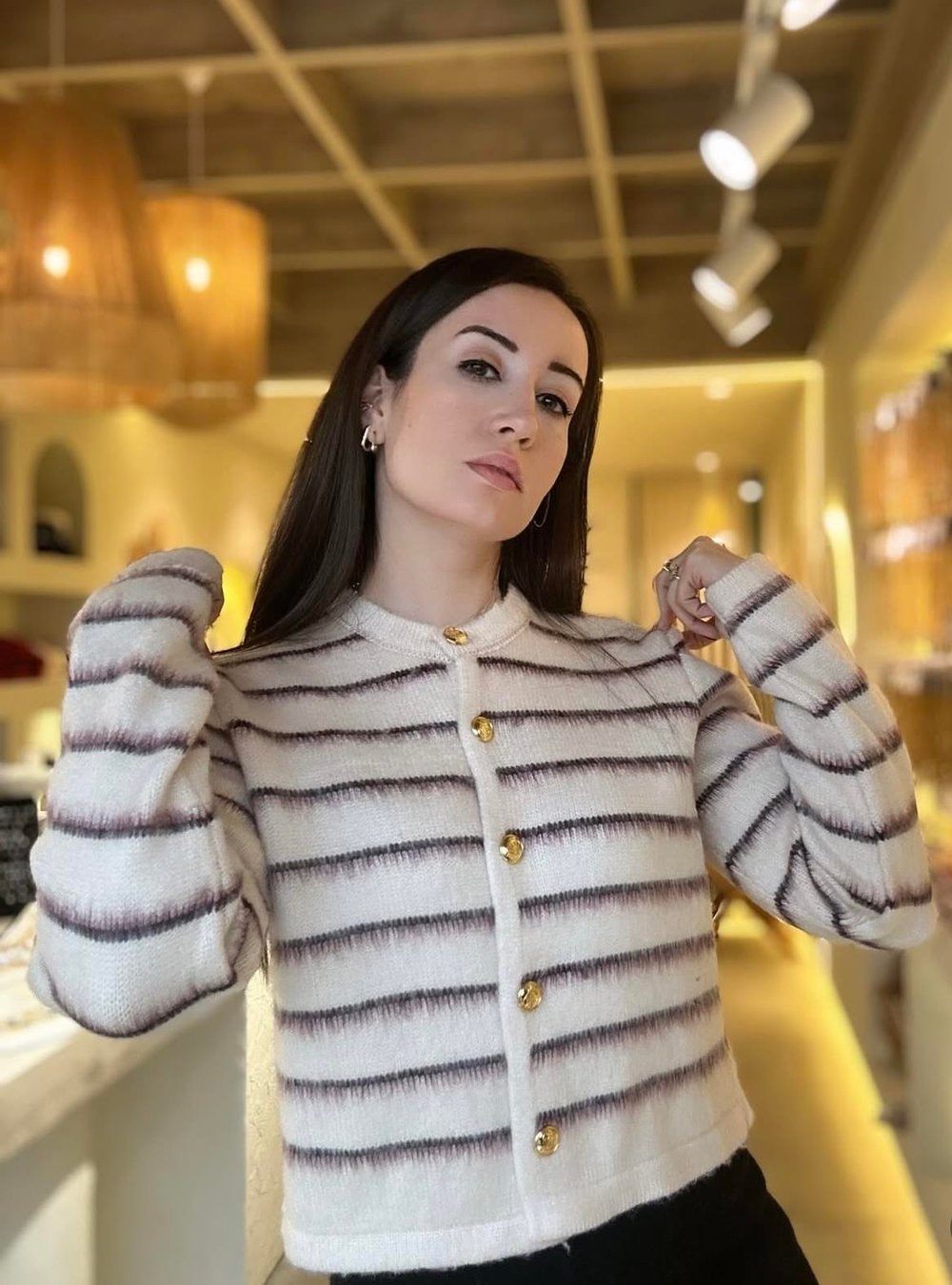 Şardonlu İnce Çizgili Hırka