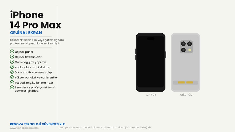 RENOVA iPhone 14 Pro Max Cam Değişmiş Ekran