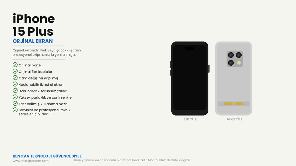 RENOVA iPhone 15 Plus Cam Değişmiş Ekran