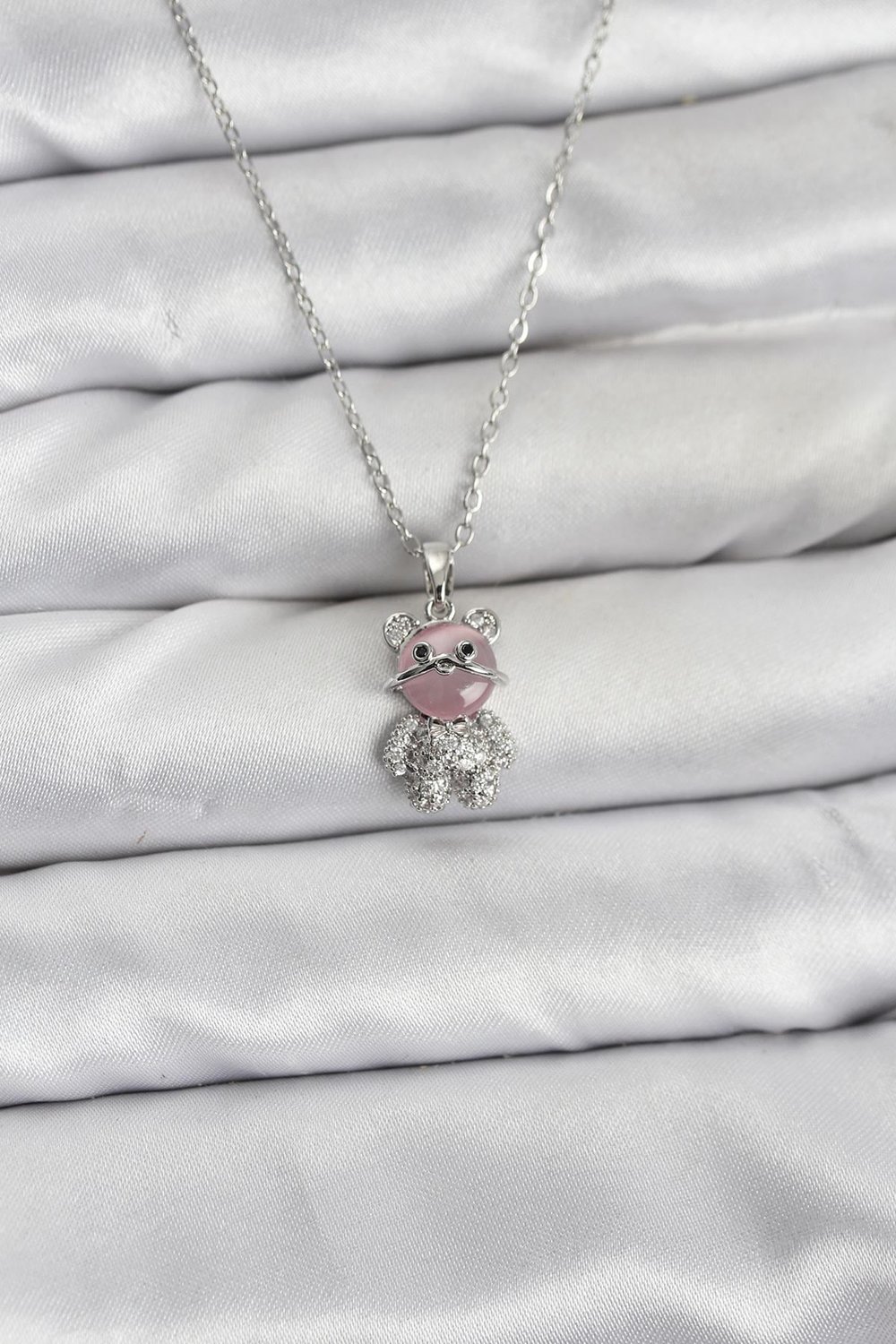 316L Çelik Zincir Gümüş Renk Teddy Bear Model Zirkon Taşlı Kadın Kolye