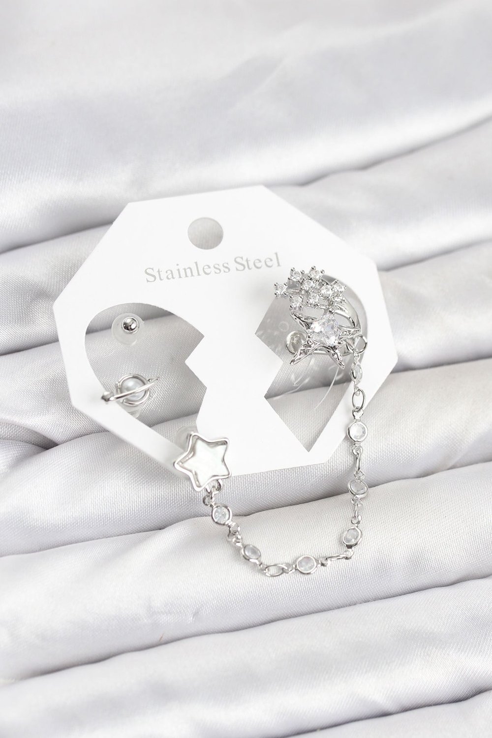 Pirinç Gümüş Renk Yıldız Model Zincir Bağlantılı Ear Cuff Küpe Seti