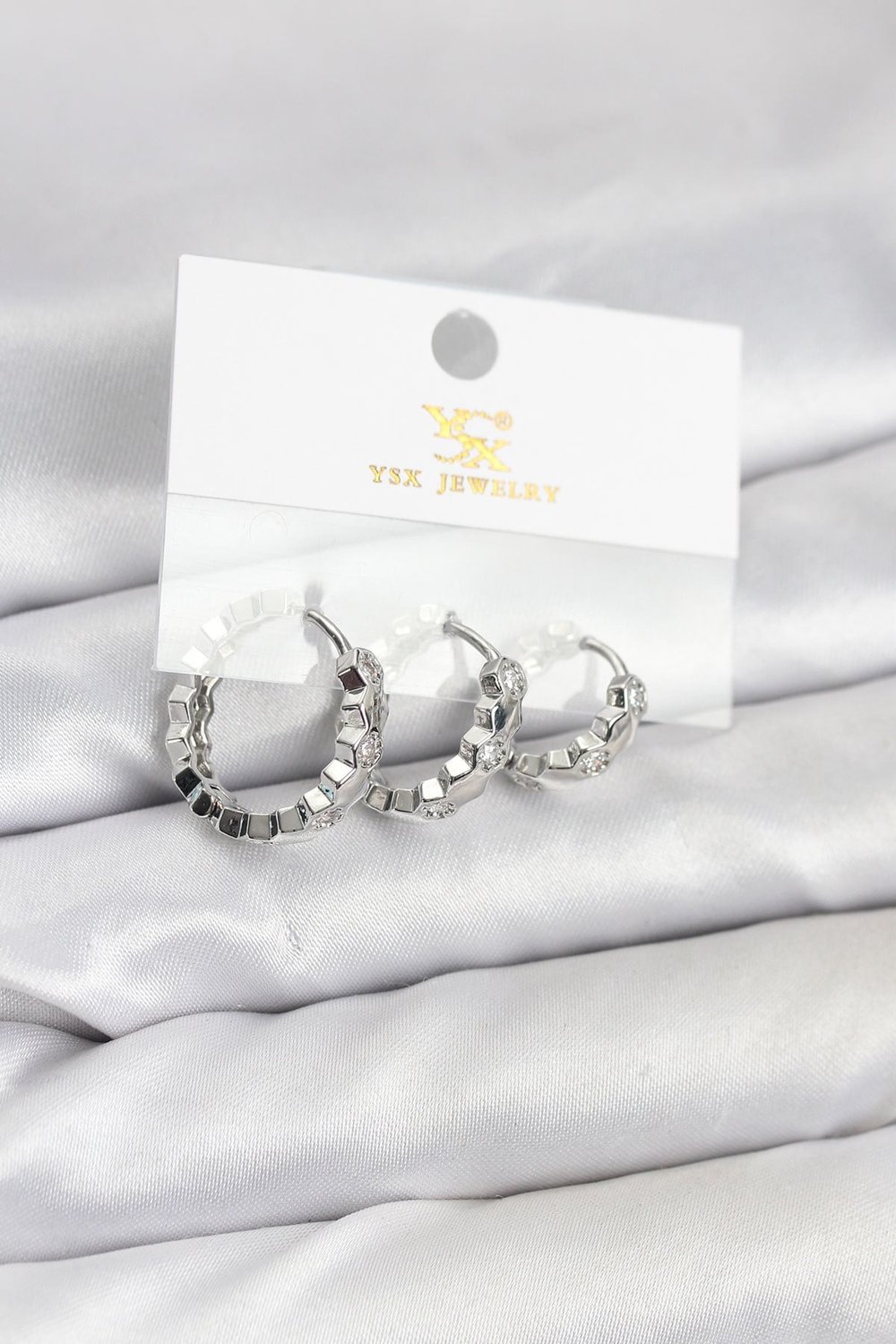 Pirinç Gümüş Renk Zirkon Taşlı Petek Halka Model YSX Trio Küpe Seti