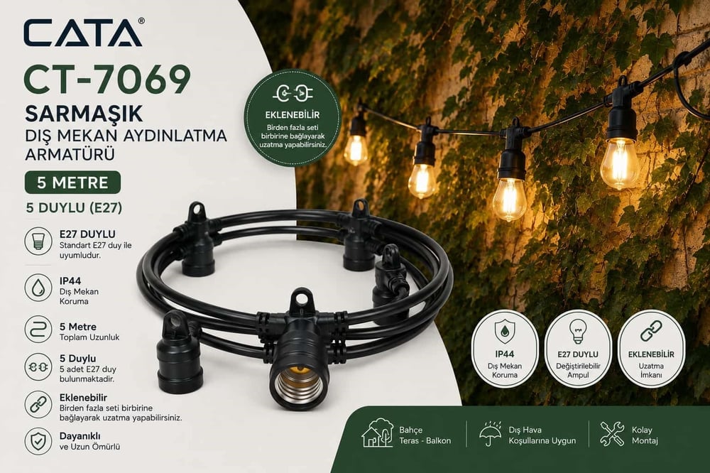 Cata CT-7069 Sarmaşık Dış Mekan Aydınlatma Armatürü (5 Metre - 5 Duylu - Eklenebilir) - E27 Duy