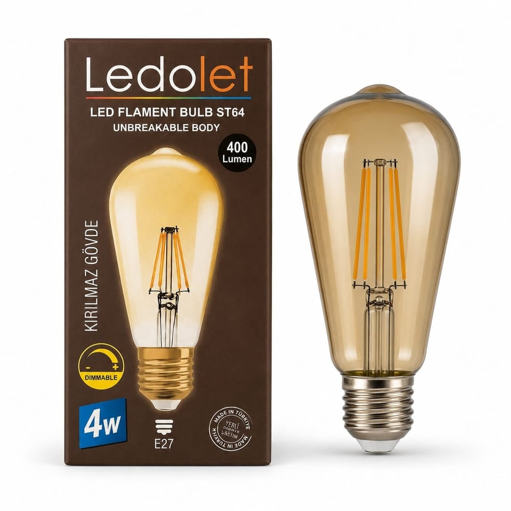 Ledolet ST64 Rustik LED Ampul (4W, E27 Duy, Kırılmaz Gövde)