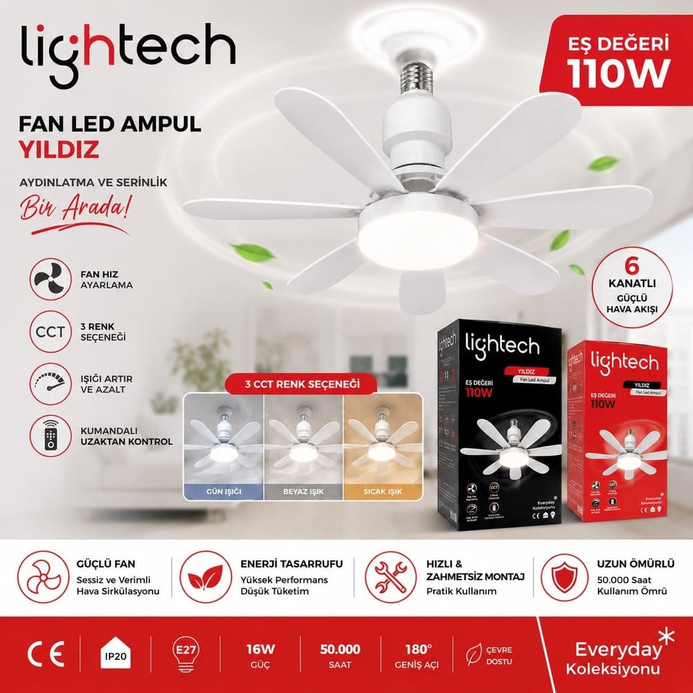Lightech Yıldız Fan Led Ampul 16W (110W) E27 Kumandalı 3 CCT (3000K-4000K-6500K)