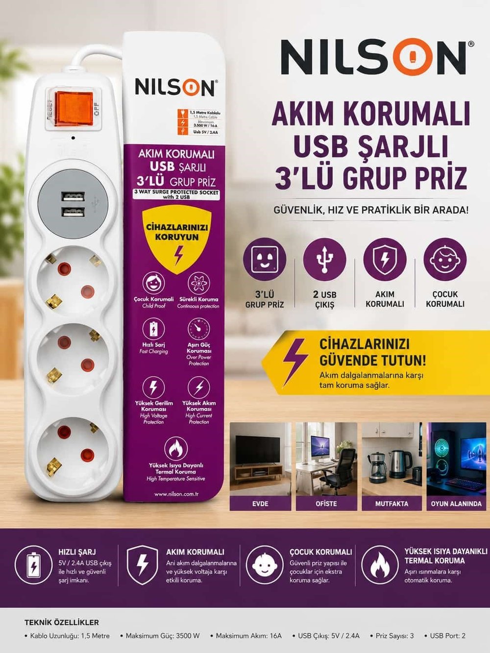 NİLSON Akım Korumalı USB Şarjlı 3'lü Grup Priz (1.5 Metre Kablolu / 5V - 2.4A Çift USB Portlu)
