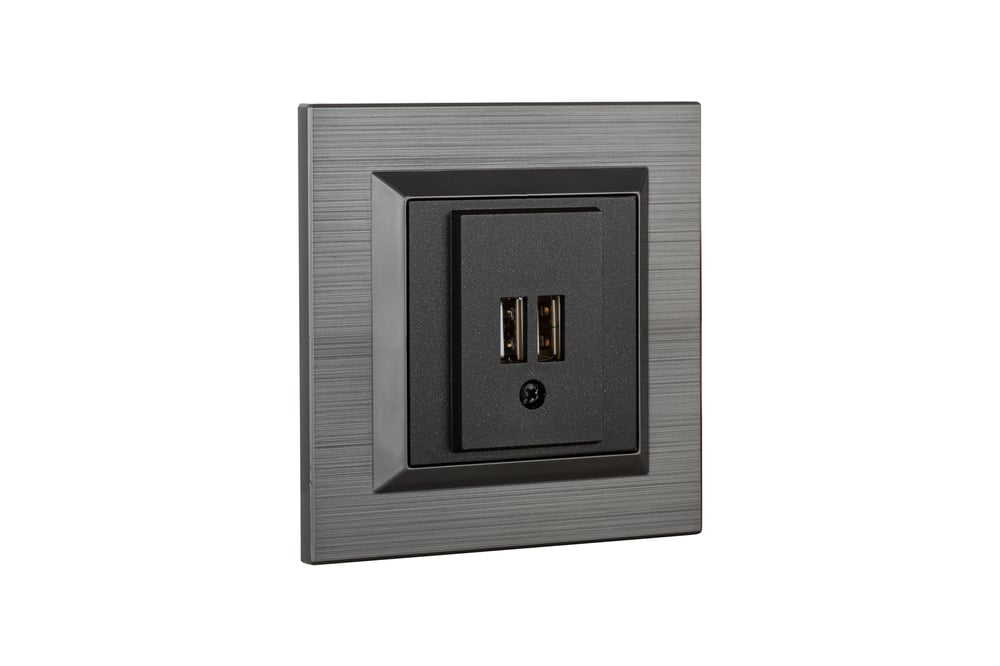OVİVO Quantum Manyetik Gri 2xUSB Şarj Prizi 5V - 2A (Çerçeve Dahil - Metalik Siyah Yuvalı)