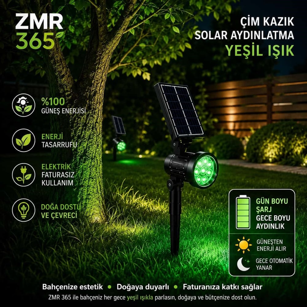Solar Ayaklı Çim Kazık Bahçe Armatürü 10W IP65 (Yeşil Işık)