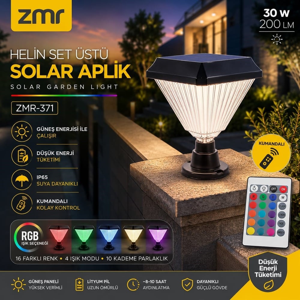 ZMR-371 Helin RGB Kumandalı Solar Bahçe Apliği IP65 Güneş Enerjili Set Üstü Aydınlatma