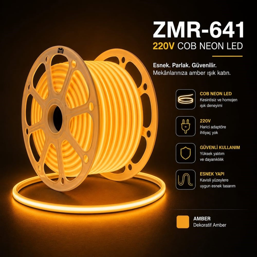 ZMR 641 220V COB Neon LED Şerit Armatür (Amber Renk - 100 Metre Rulo)