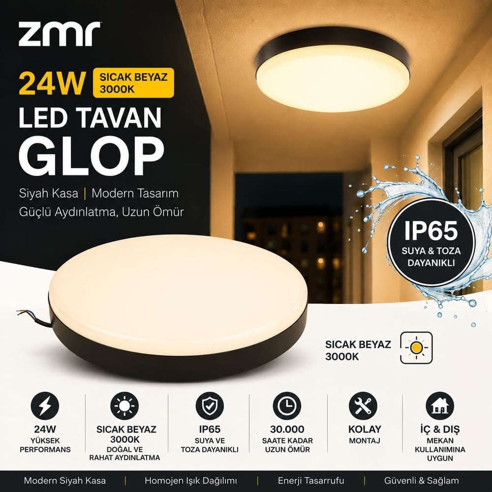 ZMR Siyah Kasa Yuvarlak 24W 3000K Sıva Üstü IP65 LED Tavan Glop Armatür