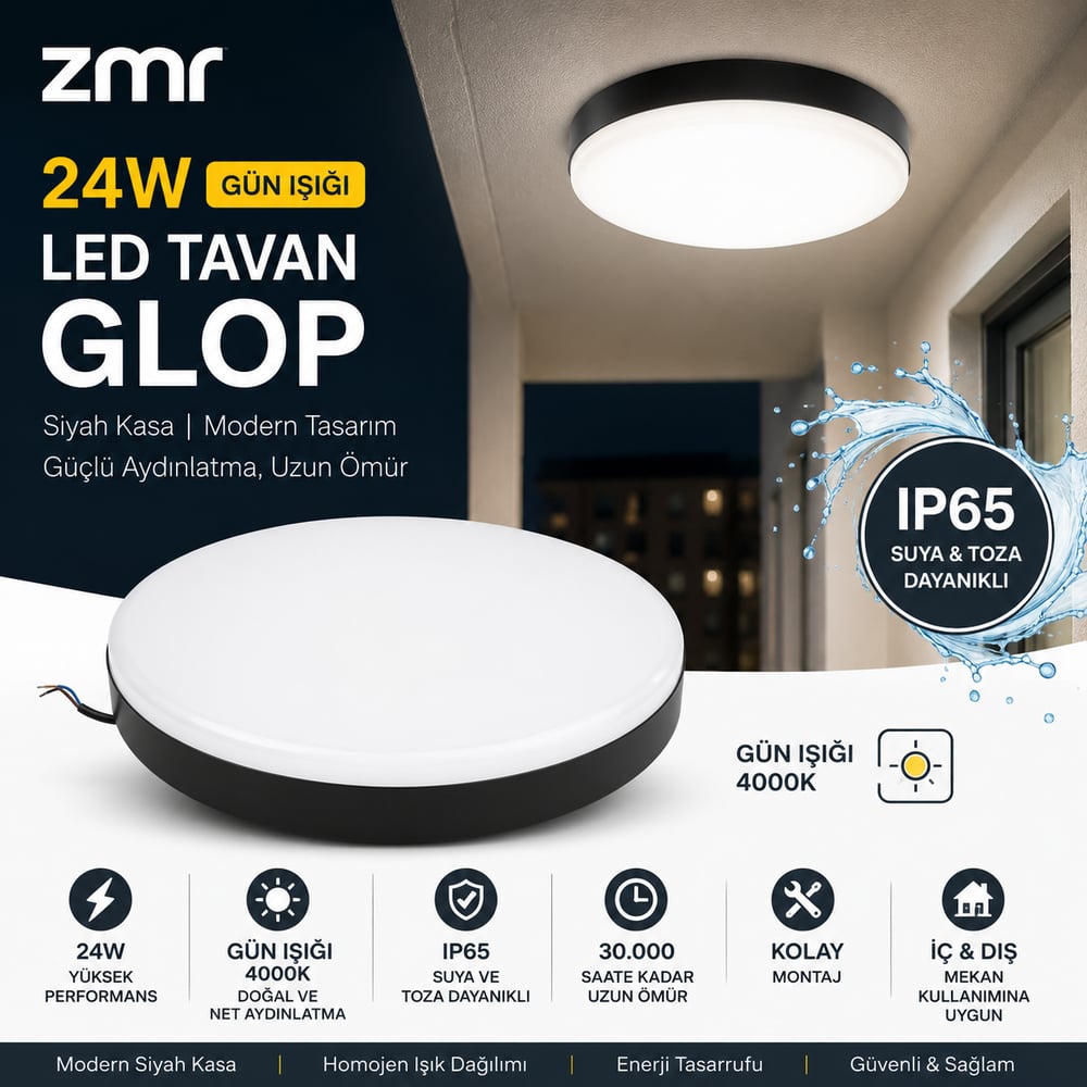 ZMR Siyah Kasa Yuvarlak 24W 4000K Sıva Üstü IP65 LED Tavan Glop Armatür