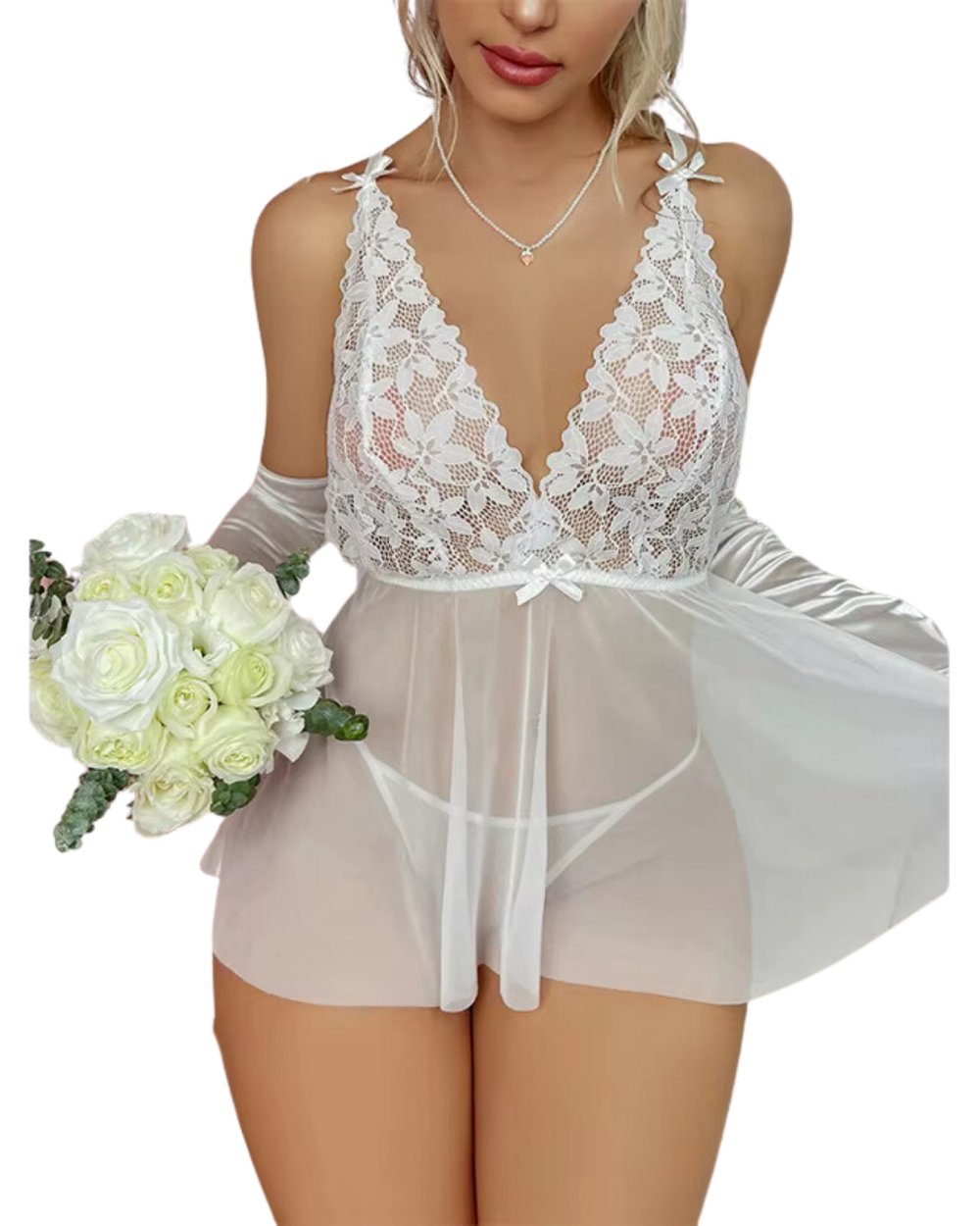 Beyaz Fantezi Giyim Dantelli Transparan Babydoll Gecelik Takımı HF3266 