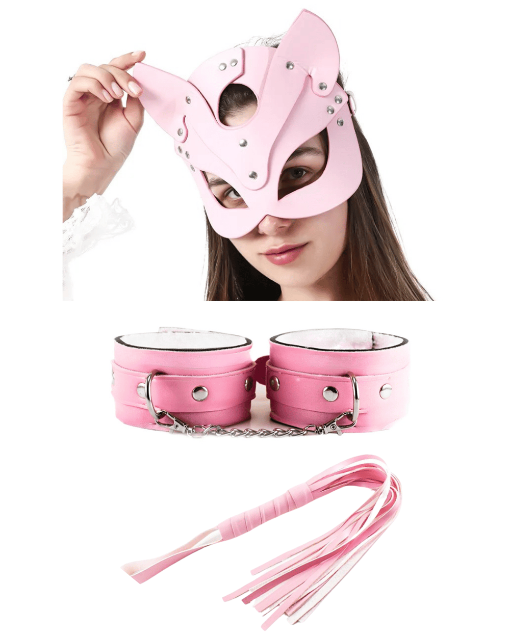 Pembe Fantezi Deri Kelepçe Kırbaç Maske Giyim Seti HF5368 