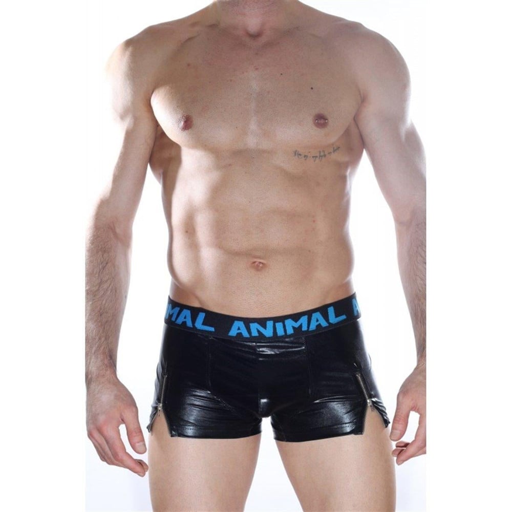 Erkek Siyah Renkli Fantezi Giyim Deri Görünümlü Fermuarlı Boxer HF012163 