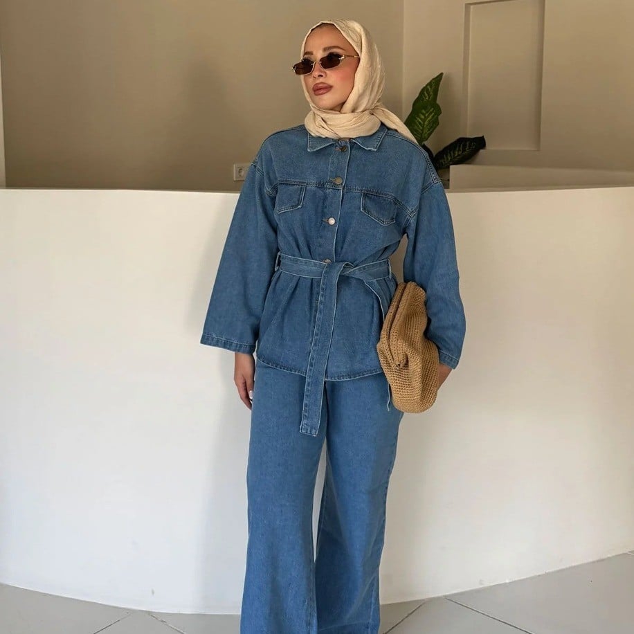  Kadın Düğmeli ve Bağlamalı Denim Kot İkili Takım M61821 - Açık Kot