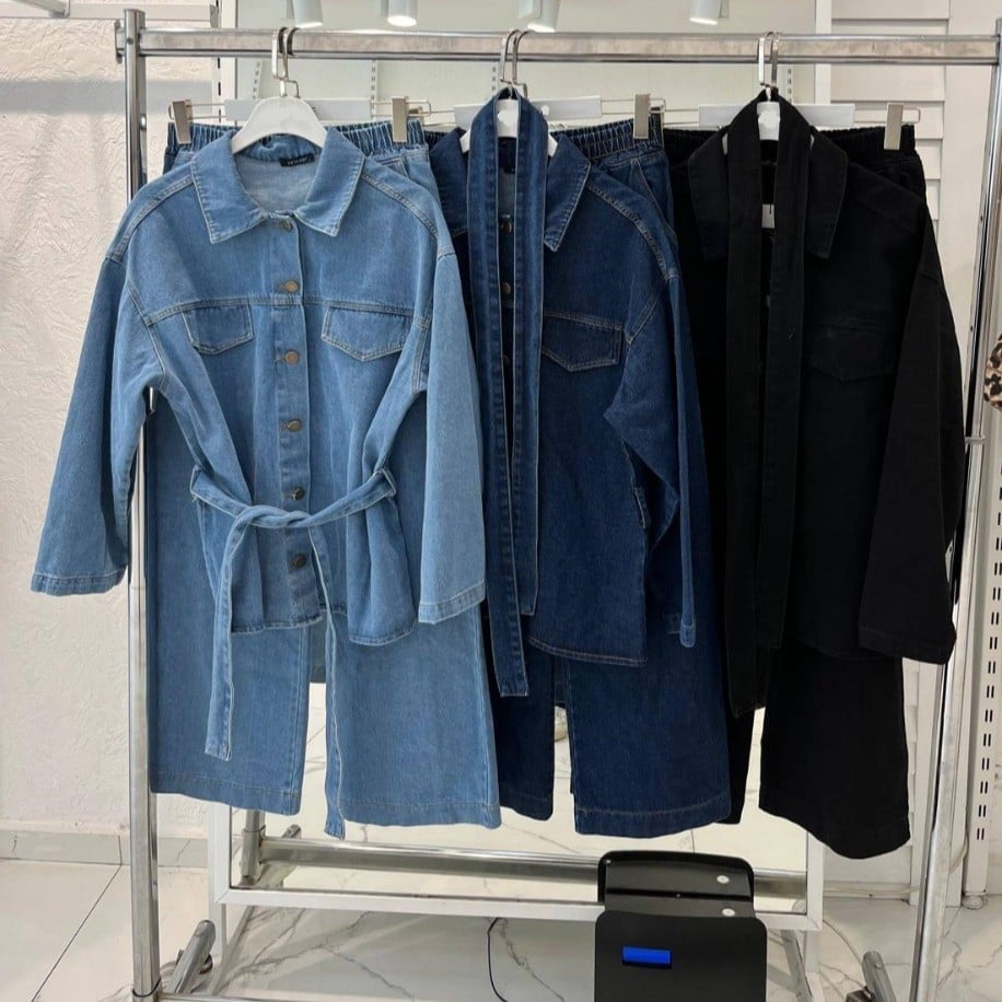  Kadın Düğmeli ve Bağlamalı Denim Kot İkili Takım M61821 - Açık Kot