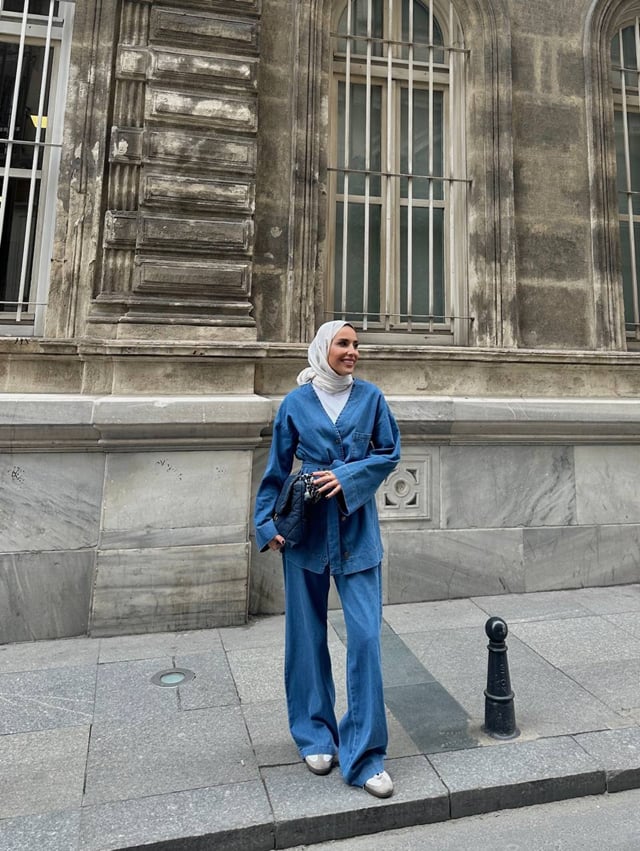  Kadın Düğmeli ve Kemerli Denim İkili Takım M61824 -  Açık Kot