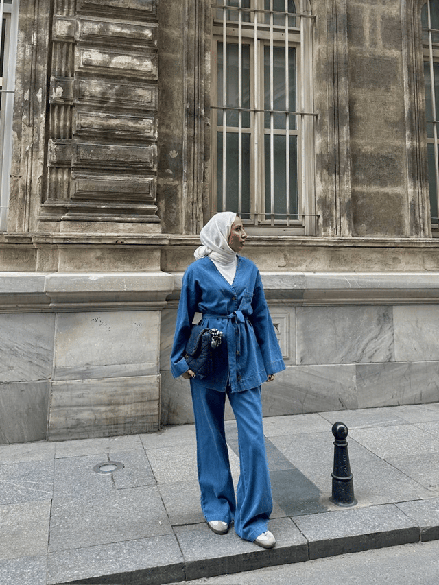  Kadın Düğmeli ve Kemerli Denim İkili Takım M61824 -  Açık Kot