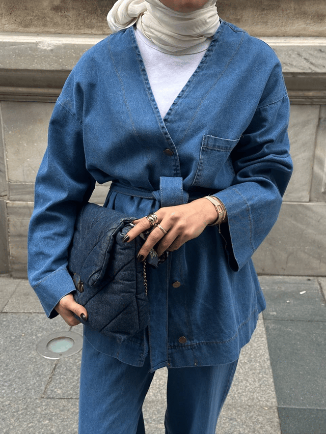  Kadın Düğmeli ve Kemerli Denim İkili Takım M61824 -  Açık Kot