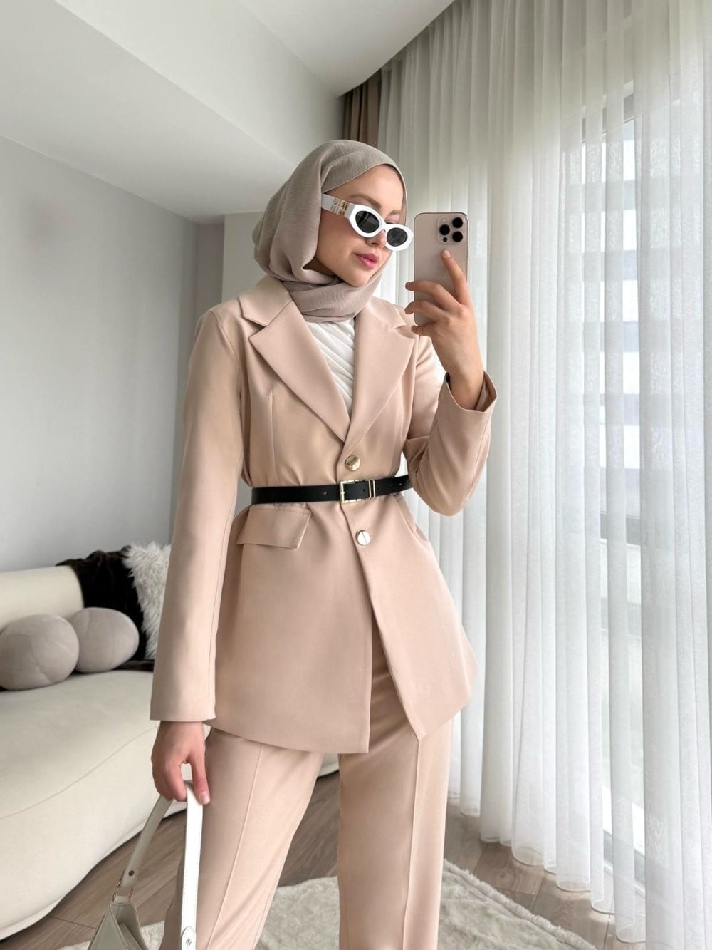 Double Kumaş Kemerli Ceket ve Pantolon Takım - Bej