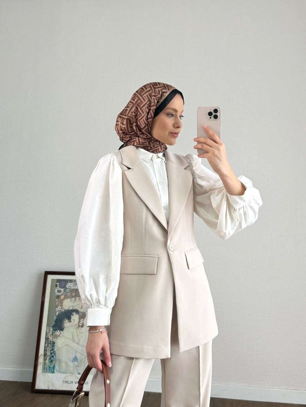 Double Kumaş Tek Düğme Yelek ve Pantolon Takım - Bej