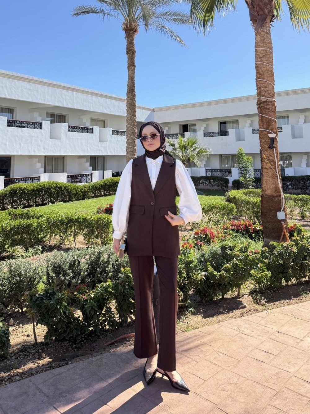 Double Kumaş Tek Düğme Yelek ve Pantolon Takım - Koyu Kahverengi