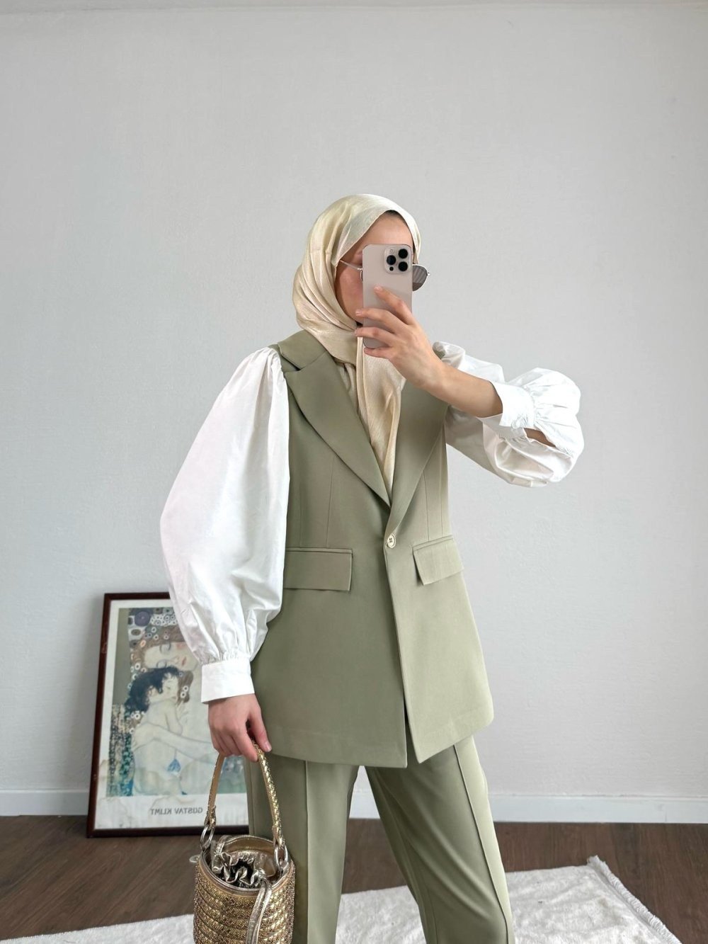Double Kumaş Tek Düğme Yelek ve Pantolon Takım - Yeşil