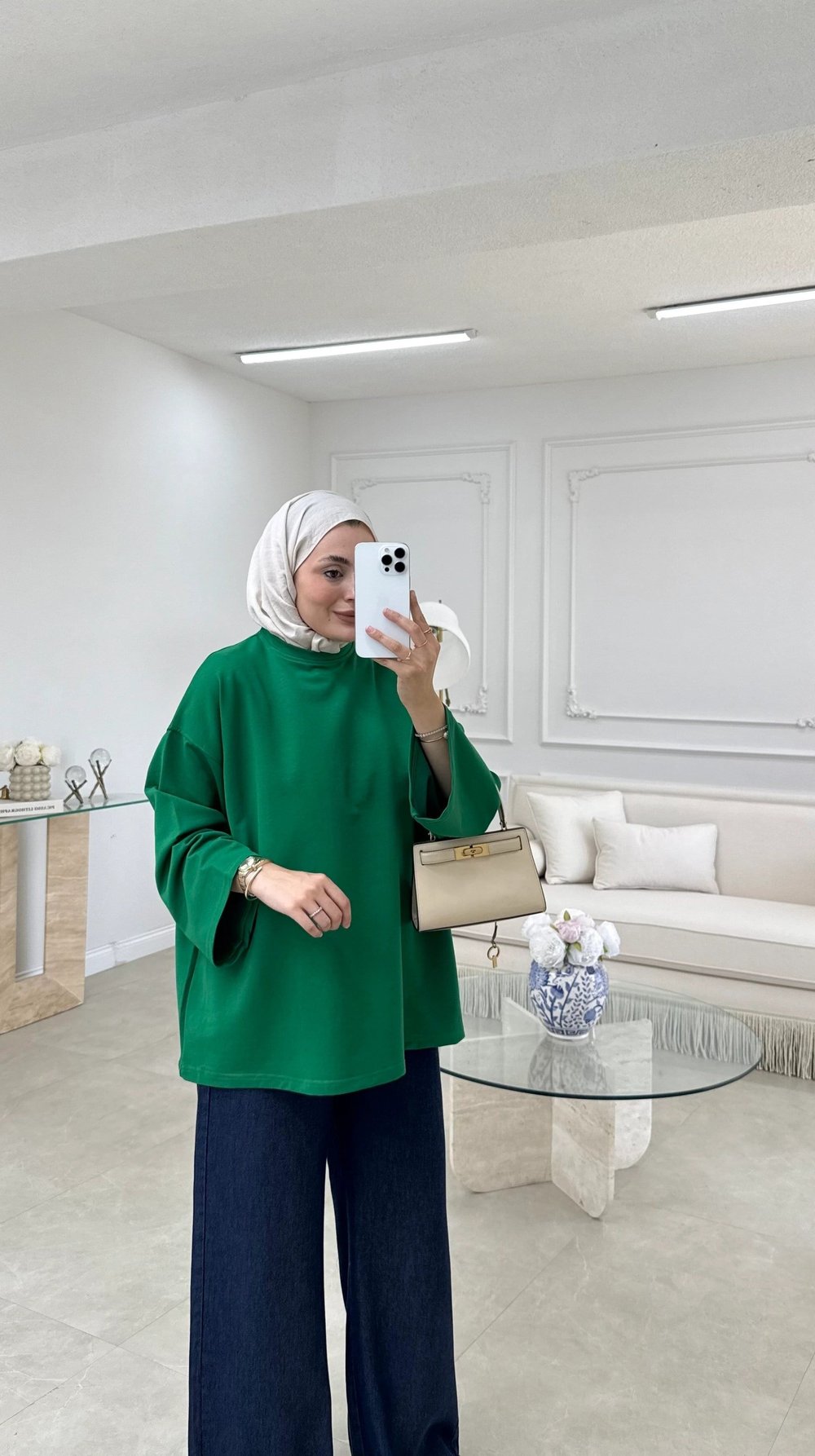 Kadın Basic Sweatshirt Tunik M52419- Zümrüt Yeşili