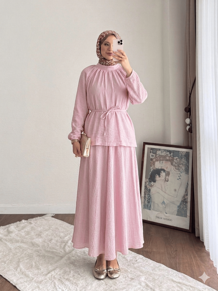 Kadın Belden Bağlamalı Oversize Müslin  Etekli Takım M2676 - Pembe