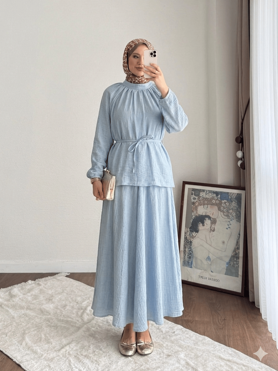 Kadın Belden Bağlamalı Oversize Müslin  Etekli Takım M2676 - Bebe Mavisi
