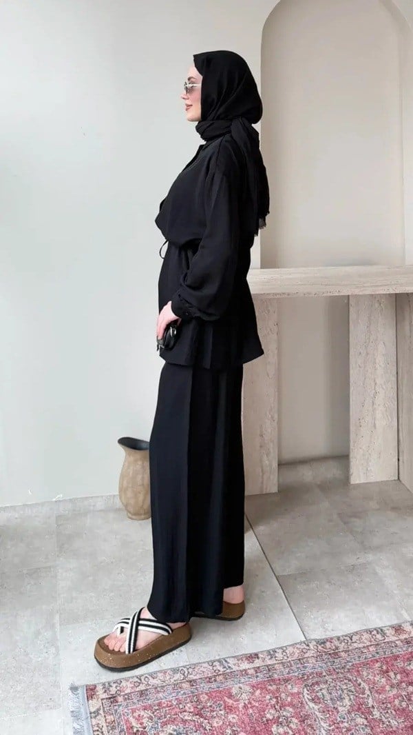 Kadın Belden Bağlamalı Tunik Pantolon Takım M6034 - Siyah