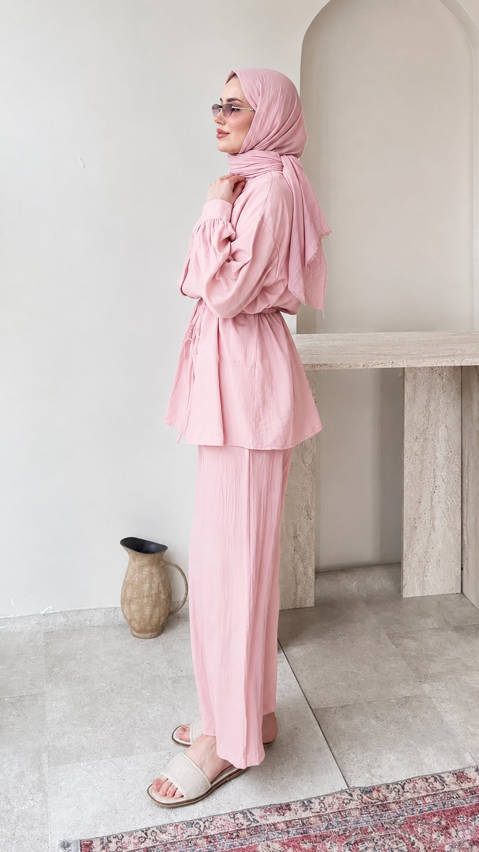 Kadın Belden Bağlamalı Tunik Pantolon Takım M6034 - Pembe