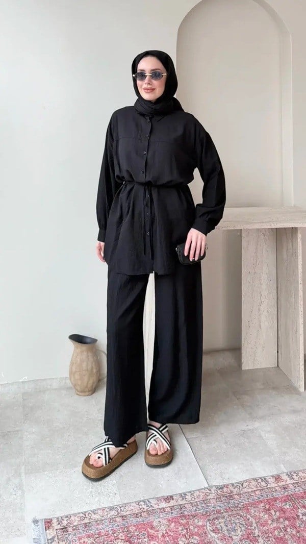 Kadın Belden Bağlamalı Tunik Pantolon Takım M6034 - Siyah