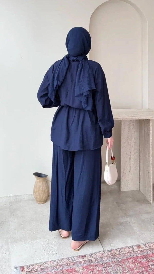 Kadın Belden Bağlamalı Tunik Pantolon Takım M6034 - Lacivert