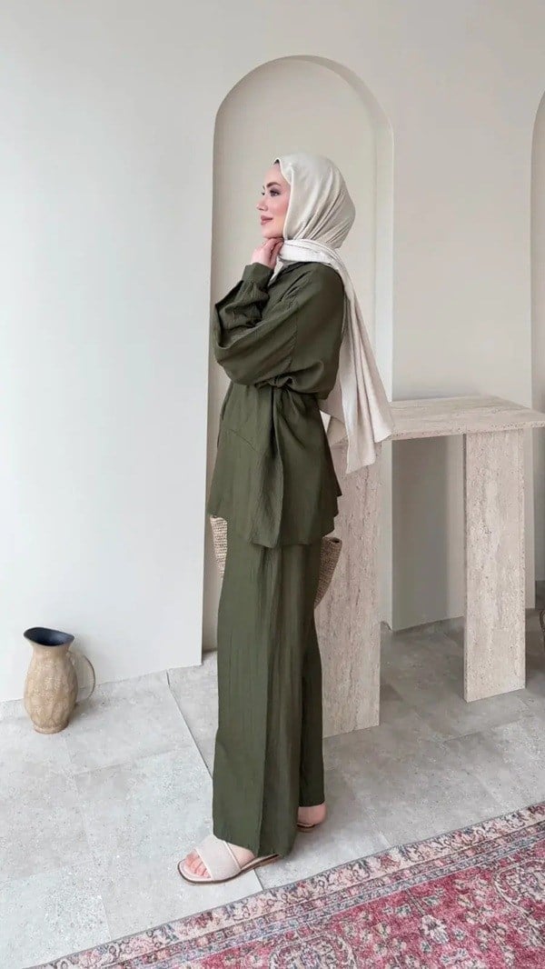 Kadın Belden Bağlamalı Tunik Pantolon Takım M6034 - Haki