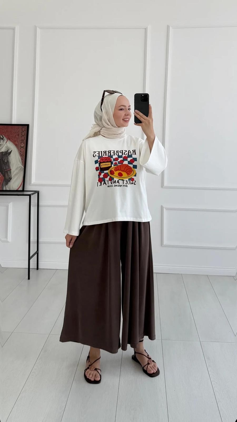 Kadın Beli Lastikli Bol Paça Dökümlü Pantolon - Kahverengi