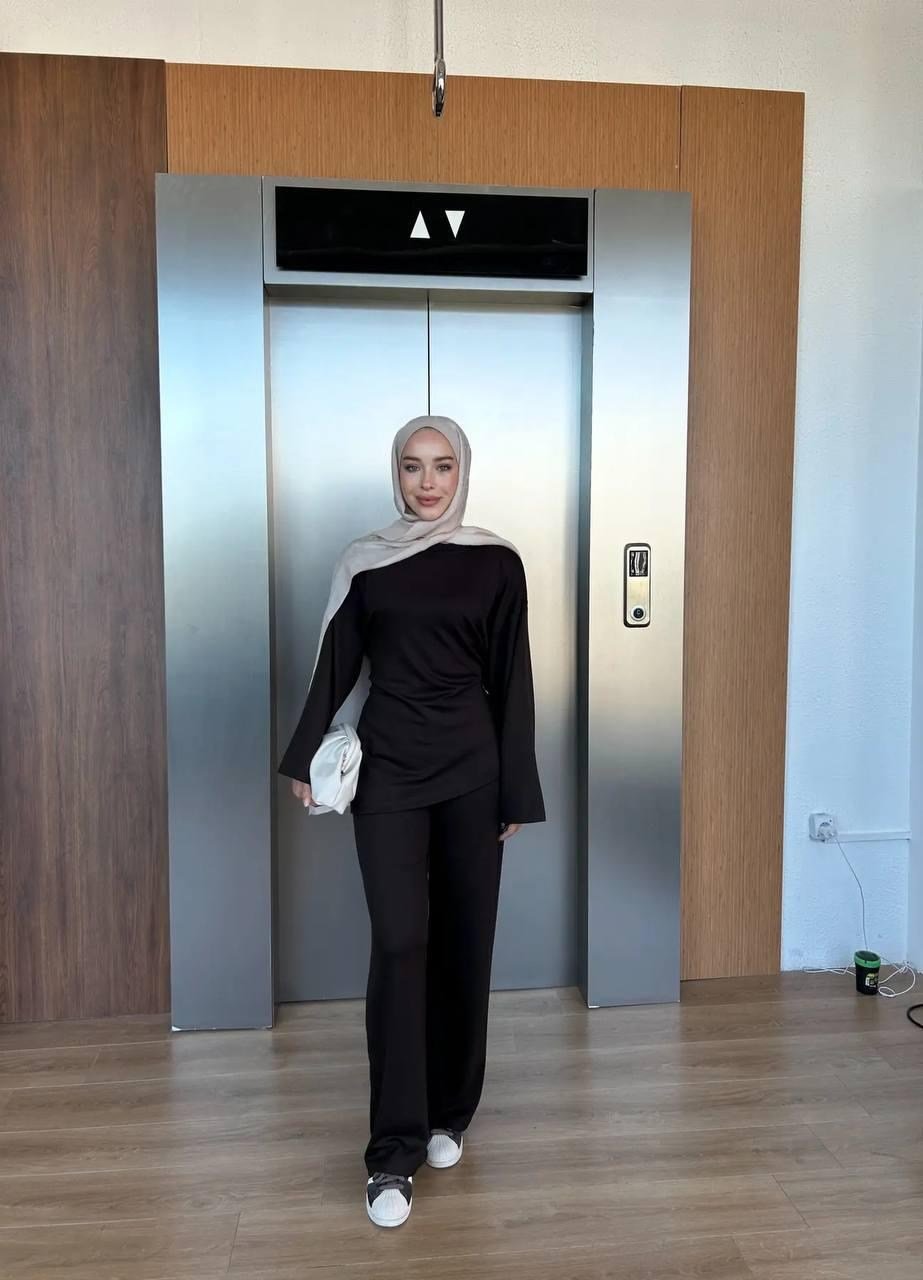 Kadın Biye Arkadan  Bağlama Tunik ve Pantolon İkili Takım M62818 - Kahverengi