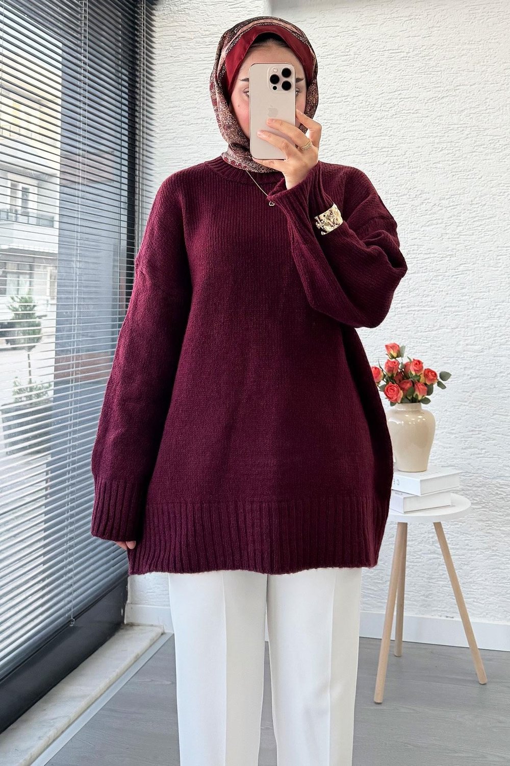 Kadın Bisiklet Yaka Oversize Kazak - Bordo